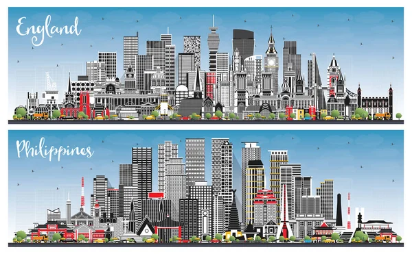 งกฤษและฟ City Skyline Set อมอาคารส เทาและ Blue Sky แนวค ดเก — ภาพถ่ายสต็อก