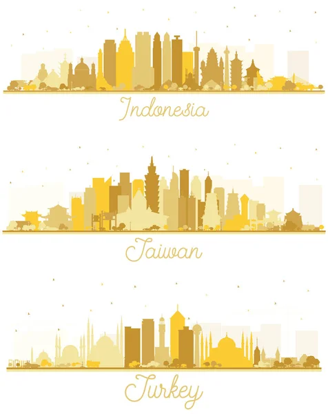 Turkiet Taiwan Indonesien Städer Skyline Silhouette Set Med Gyllene Byggnader — Stockfoto