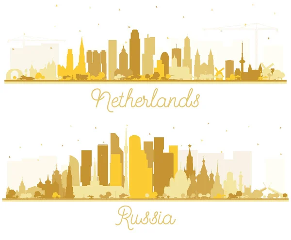 ロシアとオランダ白に隔離された黄金の建物とスカイラインシルエットセット 歴史的建造物と観光コンセプト ランドマークのある都市景観 アムステルダムだ ロッテルダム ハーグ — ストック写真
