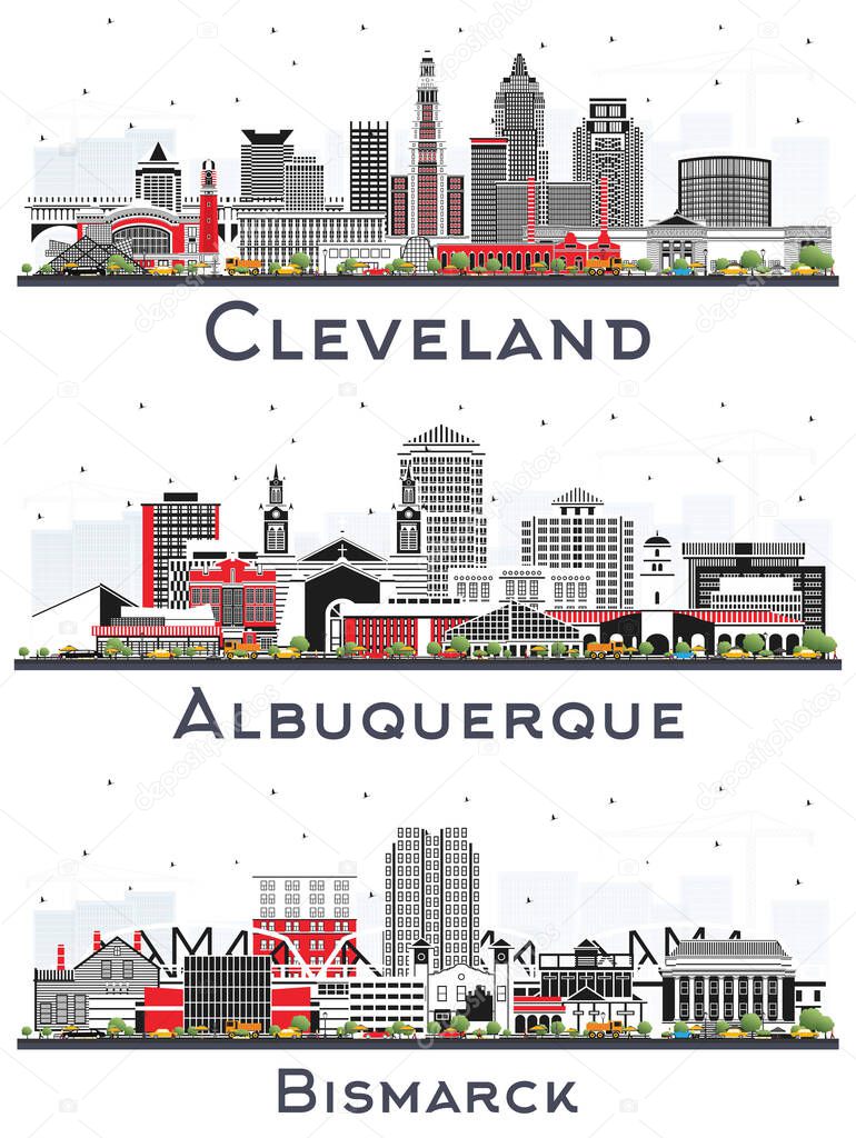 Cleveland Ohio, Bismarck North Dakota and Albuquerque New Mexico City Skyline Set with Color Buildings Isolated on White. Cityscape with Landmarks.