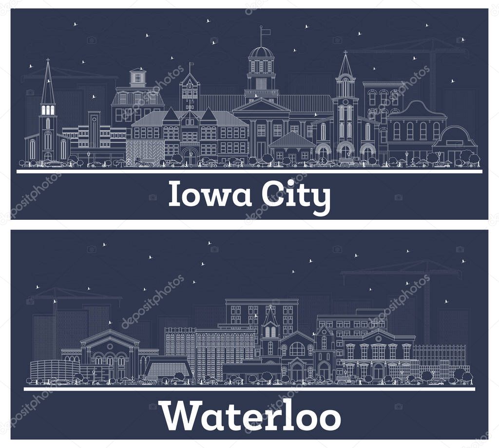 Outline Iowa City and Waterloo USA Skyline Set with White Buildings. Business Travel and Tourism Concept with Historic Architecture. Cityscape with Landmarks.