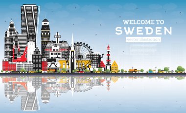 İsveç 'e hoş geldiniz. Gray Binaları, Blue Sky ve Reflections ile City Skyline. Vektör İllüstrasyonu. Tarihsel Mimarlık. Kent simgeleriyle İsveç Şehri. Stockholm. Uppsala. Malmö. Göteborg.