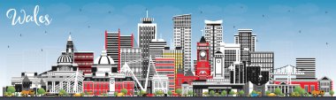 Wales City Skyline ile Gray Buildings ve Blue Sky. Vektör İllüstrasyonu. Tarih Mimarisi kavramı. Galler Şehri 'nin simgeleriyle. Cardiff. Swansea 'de. Newport.