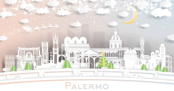 Palermo Italy City Skyline Paper Cut Stil Mit Schneeflocken Mond — Stockvektor