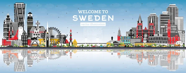 Bienvenue Suède City Skyline Avec Bâtiments Gris Ciel Bleu Reflets — Image vectorielle