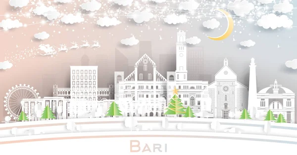 Bari Italy City Skyline Paper Cut Stijl Met Sneeuwvlokken Maan — Stockvector