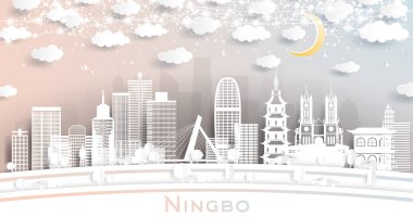 Ningbo Çin Şehri Beyaz Binalar, Ay ve Neon Garland ile Kağıt Kesiği Biçimli Skyline. Vektör İllüstrasyonu. Seyahat ve Turizm Konsepti. Simgeli Ningbo Şehir Alanı.
