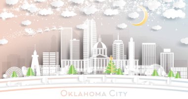 Oklahoma City Skyline 'da Snowflakes, Moon ve Neon Garland ile birlikte. Vektör İllüstrasyonu. Noel ve Yeni Yıl Kavramı. Noel Baba kızakta. Oklahoma City ABD Şehri.