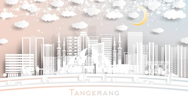 Tangerang Indonesia City Skyline Paper Cut Style White Buildings Moon — Stockvektor