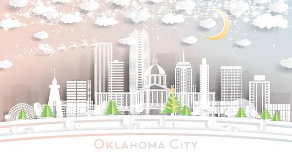 Oklahoma City Skyline 'da Snowflakes, Moon ve Neon Garland ile birlikte. Vektör İllüstrasyonu. Noel ve Yeni Yıl Kavramı. Noel Baba kızakta. Oklahoma City ABD Şehri.