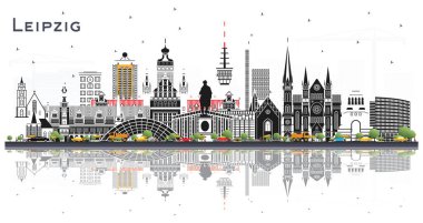 Leipzig Almanya Şehri, gri binalar ve beyaza izole edilmiş yansımalarla gökyüzü. Vektör İllüstrasyonu. Tarihi Mimariyle İş Seyahati ve Turizm Konsepti. Yer İmlerine sahip şehir manzarası.