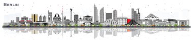 Berlin Almanya 'nın gri binaları ve beyaza izole edilmiş yansımaları ile Skyline şehri. Vektör İllüstrasyonu. Tarihi Mimariyle İş Seyahati ve Turizm Konsepti. Tarihi Simgelerle Berlin Şehri.