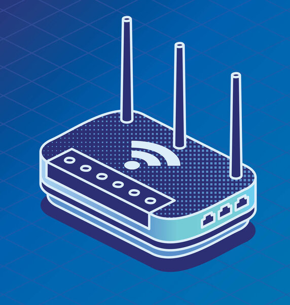 Isometric Network Router. Vector Illustration. Outline Wifi Wireless Router with Antennas on Blue Background. — Stock Illustration Isometric Network Router Vector Illustration Outline Wifi Wireless Router Antennas — Stock Vector