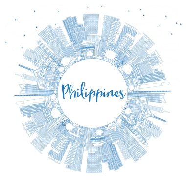 Mavi Binalar ve Uzayı Kopyalayan Filipinler Şehri Skyline 'ı özetleyin. Vektör İllüstrasyonu. Tarihi Mimariyle Seyahat Konsepti. Tarihi işaretli Filipinler şehri. Manila, Quezon, Davao, Cebu.