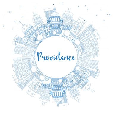 Providence Rhode Island City Skyline 'ın ana hatlarıyla Blue Buildings ve Copy Space. Vektör İllüstrasyonu. Providence USA Cityscape ve Tarihi Eserler. Modern Mimariyle Seyahat ve Turizm Konsepti.