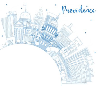 Providence Rhode Island City Skyline 'ın ana hatlarıyla Blue Buildings ve Copy Space. Vektör İllüstrasyonu. Providence USA Cityscape ve Tarihi Eserler. Modern Mimariyle Seyahat ve Turizm Konsepti.