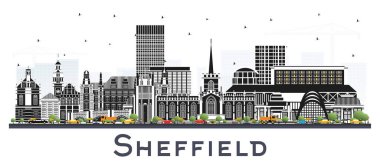 Sheffield UK City Skyline ve White 'da izole edilmiş Renk Binaları. Vektör İllüstrasyonu. Sheffield Güney Yorkshire Şehir Manzarası. Tarihi Mimariyle İş Seyahati ve Turizm Konsepti.