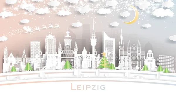 Leipzig Alemania City Skyline Estilo Corte Papel Con Copos Nieve — Vector de stock