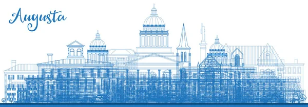 青い建物とオーガスタメインシティスカイラインの概要 ベクトルイラストレーション 歴史的建築を用いたビジネストラベルと観光のコンセプト ランドマークのあるオーガスタ宇佐都市景観 — ストックベクタ
