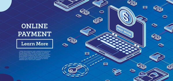Online Payment with Laptop Computer and Dollar Coin. Outline Isometric Concept. Online Shopping. Vector Illustration. Internet Banking. Modern Design of Web Design. Online Security Transaction. — Stock Illustration Online Payment Laptop Computer Dollar Coin Outline Isometric Concept Online — Stock Vector