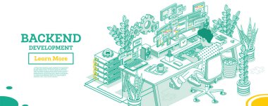 Backend Development on Computer. Working Programmer Sit on Chair with Wheels in Front of Curved Monitor with Code. Java, Php, C++, JS and Python Programming Code. Software Engineering. clipart svg vector 