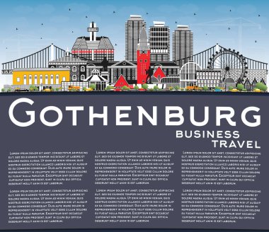 Göteborg İsveç Gökyüzü Renkli Binalar, Mavi Gökyüzü ve Kopya Uzayı ile Skyline. Vektör İllüstrasyonu. Şehir simgeleriyle dolu Göteborg Şehri. Tarihi Mimariyle İş Seyahati ve Turizm Konsepti.