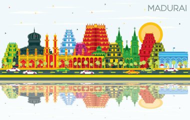 Madurai Hindistan şehir manzarası ile renk binalar, mavi gökyüzü ve yansımaları. Vektör çizim. İş seyahat ve tarihi mimari konseptiyle. Madurai Cityscape yerler ile.
