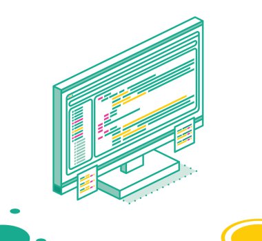 Programın Kodu ve İki Etiketli Isometric PC Bilgisayar Monoblock. Özet Monitör Beyaz Arkaplanda izole edildi. Vektör İllüstrasyonu.