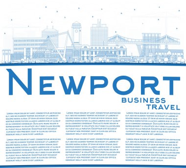Blue Buildings ve Copy Space ile Newport City Skyline taslağı. Vektör İllüstrasyonu. Newport UK City 'nin simgeleriyle. Tarihi Mimariyle İş Seyahati ve Turizm Konsepti.