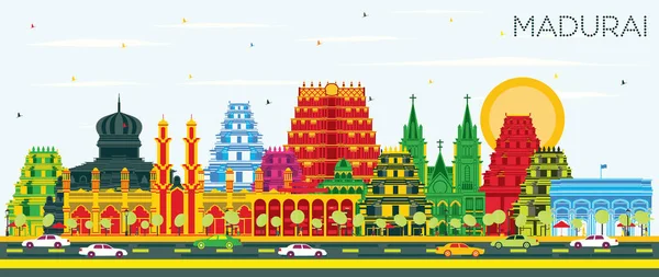 Panoramę Miasta Indii Madurai Kolor Budynków Błękitne Niebo Ilustracja Wektorowa — Wektor stockowy