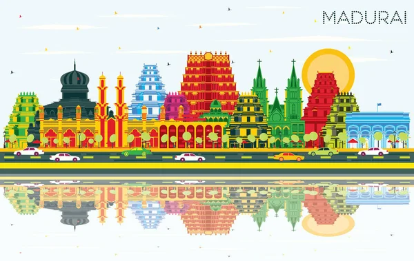 色の建物 青空の反射とマドゥライ インド街のスカイライン ベクトルの図 ビジネス旅行や歴史的な建築のコンセプトです ランドマークとマドゥライ都市景観 — ストックベクタ