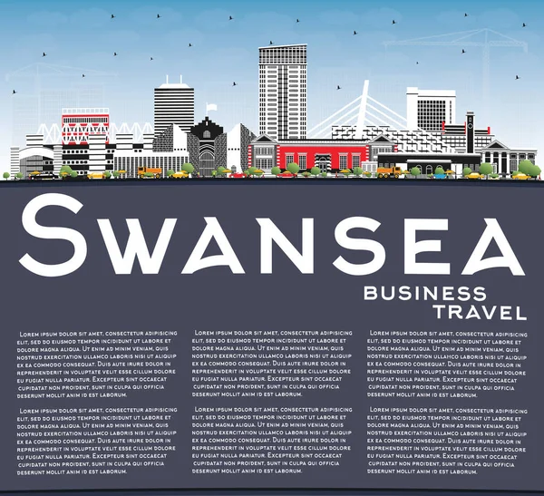 Swansea Wales City Skyline Mit Farbigen Gebäuden Blauem Himmel Und — Stockvektor
