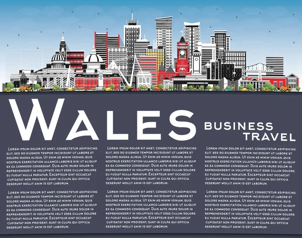 Wales City Skyline Con Edificios Grises Cielo Azul Espacio Copia — Vector de stock