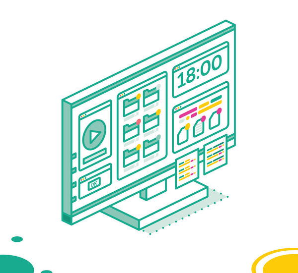 Isometric PC Computer Monoblock with Media Player, Folders and Two Stickers. Outline Monitor Isolated on White Background. Vector Illustration. — Stock Illustration Isometric Computer Monoblock Media Player Folders Two Stickers Outline Monitor — Stock Vector