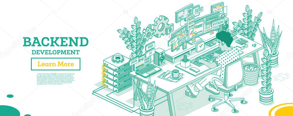 Vector illustration of Backend Development Computer Working 544534456