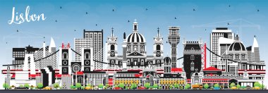 Lisbon Portugal City Skyline Renkli Binalar ve Mavi Gökyüzü. Vektör İllüstrasyonu. Tarihi yerleri olan Lizbon Şehri. Tarihi Mimariyle İş Seyahati ve Turizm Konsepti.