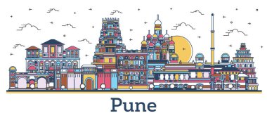 Pune India City Skyline 'ın ana hatları. Renkli binalar beyaza izole edilmiş. Vektör İllüstrasyonu. Simgeli Pune Maharashtra Şehir Alanı.