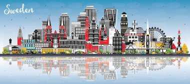 İsveç 'e hoş geldiniz. Gray Binaları, Blue Sky ve Reflections ile City Skyline. Vektör İllüstrasyonu. Tarihsel Mimarlık. Kent simgeleriyle İsveç Şehri. Stockholm. Uppsala. Malmö. Göteborg.