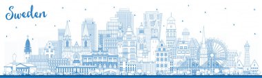 İsveç 'e hoş geldiniz. Blue Buildings ile Skyline 'ın taslağı. Vektör İllüstrasyonu. Tarih Mimarisi kavramı. Kent simgeleriyle İsveç Şehri. Stockholm. Uppsala. Malmö. Göteborg.