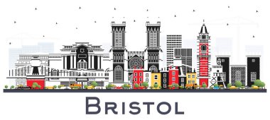 Bristol UK City Skyline ve White 'da izole edilmiş Renk Binaları. Vektör İllüstrasyonu. Bristol İngiltere Şehir Simgeleri ile Şehir. Tarihi Mimariyle İş Seyahati ve Turizm Konsepti.