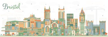 Renkli binaları olan Bristol UK City Skyline. Vektör İllüstrasyonu. Bristol İngiltere Şehir Simgeleri ile Şehir. Tarihi Mimariyle İş Seyahati ve Turizm Konsepti.