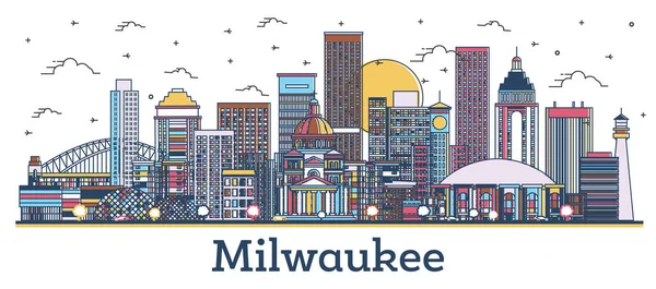 Décrivez Milwaukee Wisconsin City Skyline Avec Des Bâtiments Colorés Isolés — Image vectorielle
