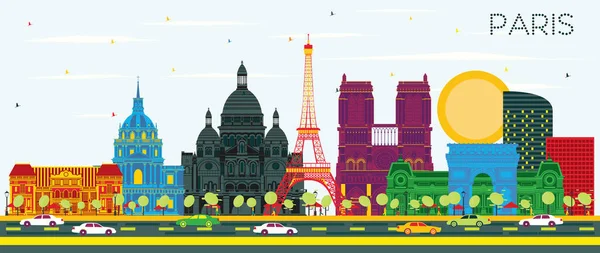 法国巴黎城市天际线与彩色建筑和蓝天 矢量插图 商务旅行和概念与历史建筑 巴黎城市景观与地标 — 图库矢量图片