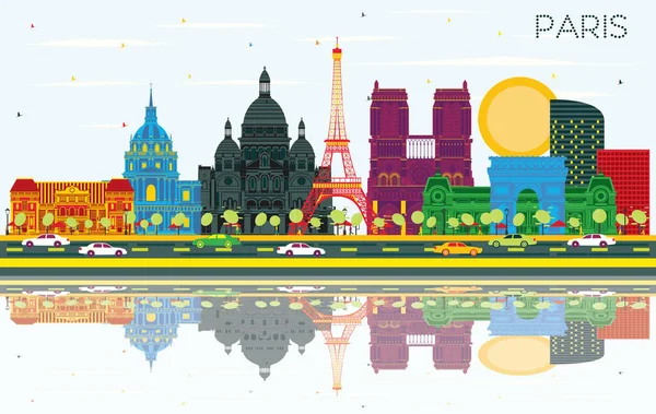 Paris France City Skyline Con Edificios Color Cielo Azul Reflexiones — Vector de stock