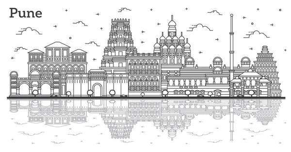 Umriss Pune India City Skyline Mit Spiegelungen Und Historischen Gebäuden — Stockvektor
