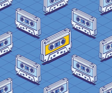 Isometric Ses Kaseti Kusursuz Kalıp. Vektör İllüstrasyonu. Özet Müzik Konsepti. Retro Elektronik Ses Aygıtı. Seksenler ve doksanlar.