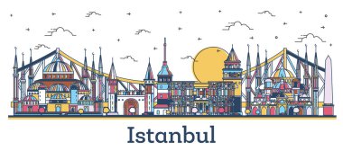 İstanbul 'un ana hatları olan Türkiye City Skyline' da beyaza izole edilmiş Tarihi Renkli Binalar yer alıyor. Vektör İllüstrasyonu. İstanbul Kent Simgeleriyle.