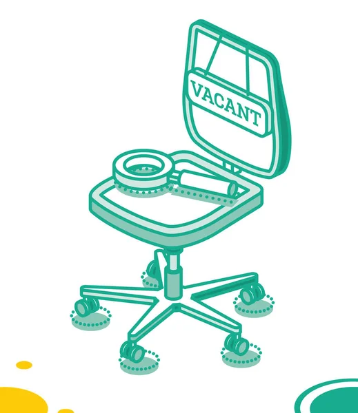 空置办公椅 有空位标志和放大镜 搜索员工到公司 病媒说明 招聘或雇用 等距轮廓概念 — 图库矢量图片