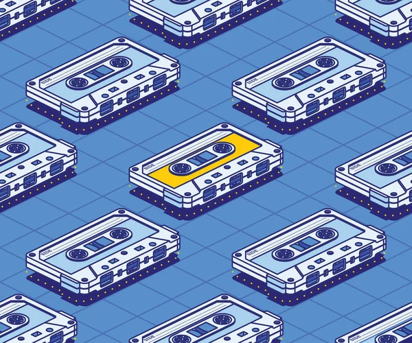 Isometrische Audio Cassette Tape Naadloos Patroon Vector Illustratie Samenvatting Muziekconcept — Stockvector