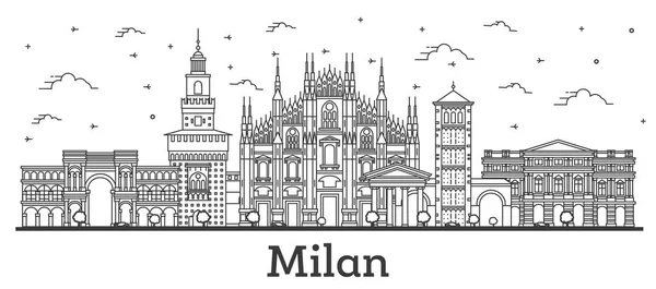 Esquema Milan Italia City Skyline Con Edificios Históricos Aislados Blanco — Vector de stock